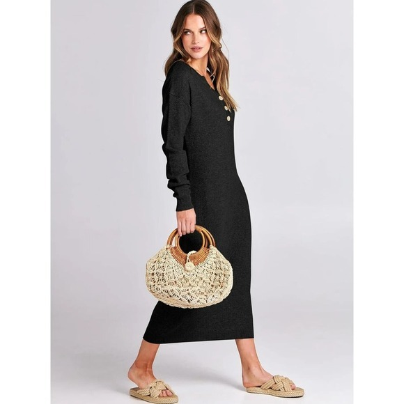 Women's 2024 Fall Knit Sweater Dress Long Sleeve Button V Neck Loose Casual (M) - Picture 8 of 8